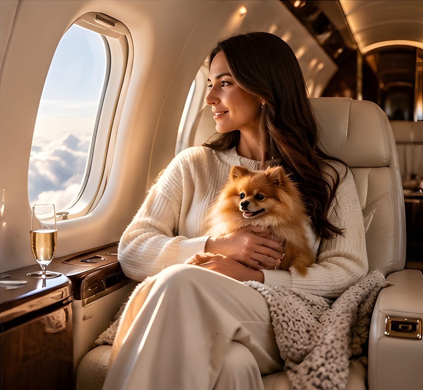 A passenger relaxing in a private jet cabin with her Pomeranian on her lap