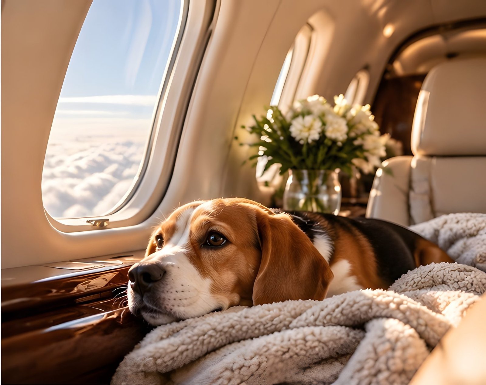 A Beagle relaxing on a soft blanket beside the window of a private jet cabin