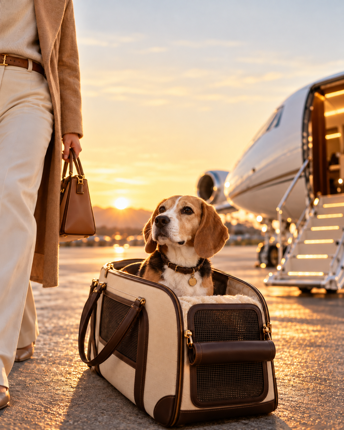 An elegantly dressed couple walking with their two Dobermans beside a private jet at sunset