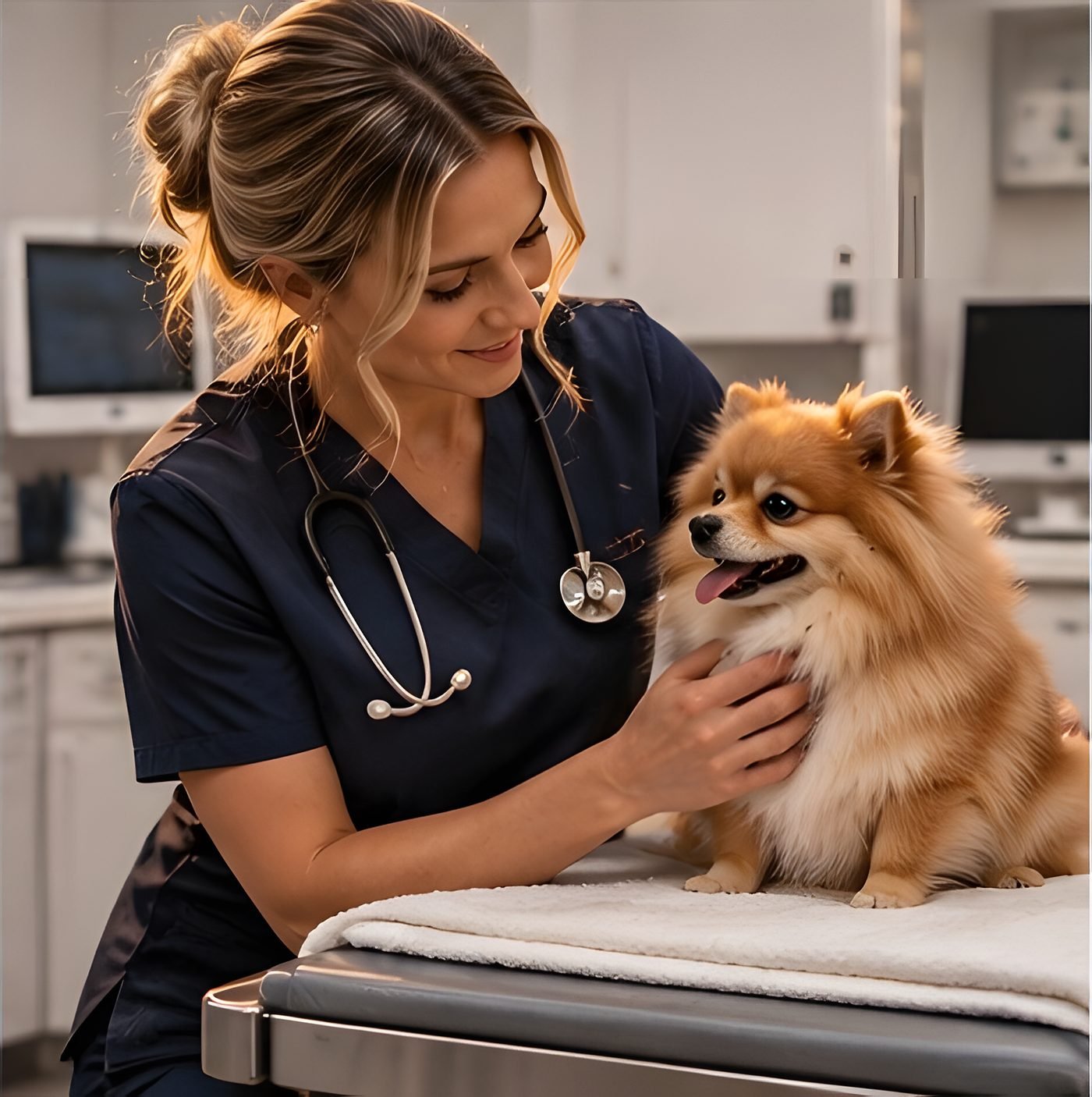 A veterinarian examining a Pomeranian before travel